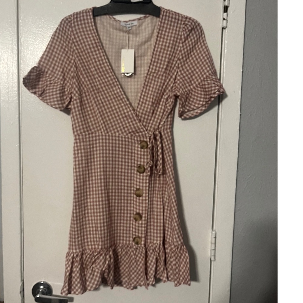 Avenue Zoe Women Rose Gingham Wrap Mini Dress Ruffle Sleeve Pink White Siz M NEW